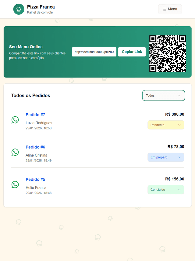 Cardápio do restaurante